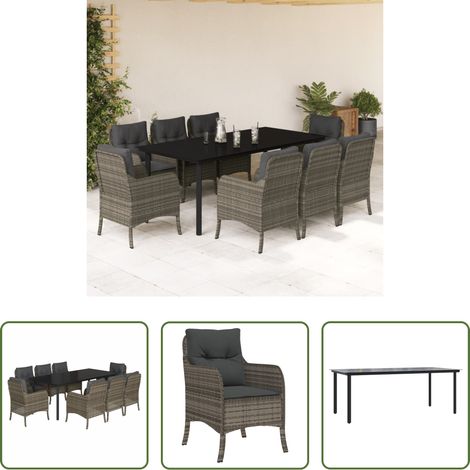 vidaXL Table de jardin - Ensemble à manger de jardin 9 pcs coussins gris résine tressée (1/5)