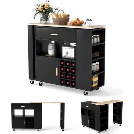 Desserte de cuisine noire en bois d hévéa avec plateau 2 en 1, étagère réglable (1/5)