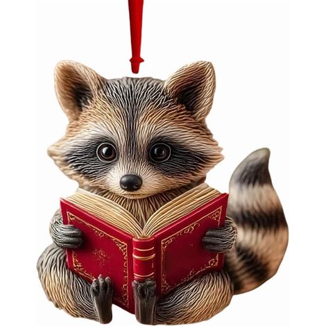 Ornement De Noël Renard Lisant - Raton Laveur Lisant - Décoration Arbre De Noël - Cadeau Pour Amateurs De Lecture - 8 Cm - 1 Pièce (1/2)