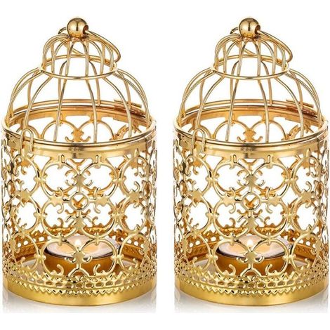 2 Pièces Petite Lanterne Cage Oiseaux Suspendue Photophore Métal, Lanternes Dorées pour Bougies Centres Table Vintage Mariage Fête Porte-Lumière Chauffe-Plat Décorations Bougeoirs Noël (1/5)