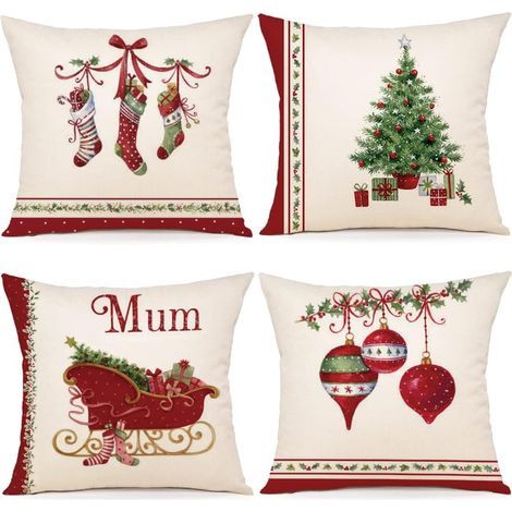 Lot de 4 housses de coussin Noël 40x40 cm – Tissu mélangé de lin – Décoration festive pour salon et chambre – Lavables en machine (1/5)
