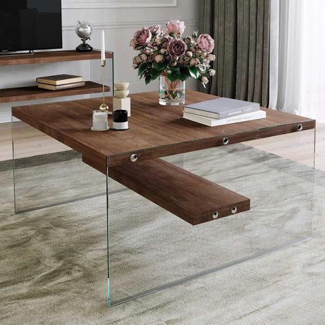 S1 Table basse  VERRE TREMPÉ  Noyer