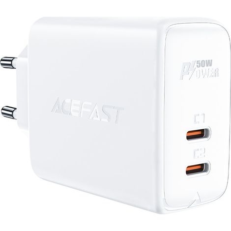 Acefast 50W 2x USB-C Ladegerät Ladegerät GaN USB Typ C 50W, PD, QC 3.0, AFC, FCP Adapter Weiß (1/5)