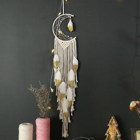 crescent Grand Attrape-rves En Plumes Tresses 70 Cm, Dcoration De Chambre, Carillons Oliens Tisss  La Main En Pierre De Cristal Suspendu, Cadeau C (1/5)