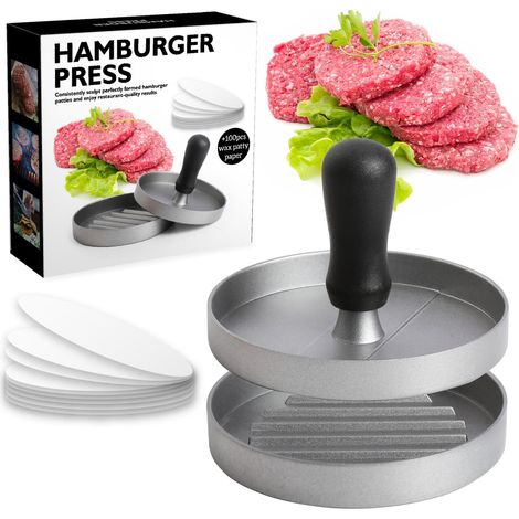 Presse à hamburger avec 100 feuilles de papier ciré antiadhésif en alliage d'aluminium avec poignée en ABS 11,4 cm pour hamburger de bœuf  barbecue  hamburger farci (1/5)