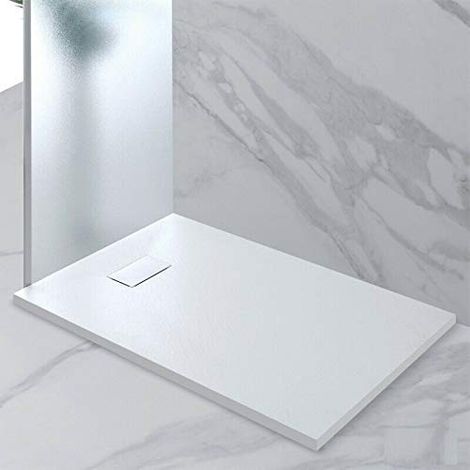 Piatto Doccia Spessore 2.6 Cm Resina SMC Effetto Pietra Stone Ardesia Antiscivolo Riducibile Filopavimento Con Griglia Di Copertura Bianco 70x150 Cm - Misura: 80 x 80 cm (1/5)