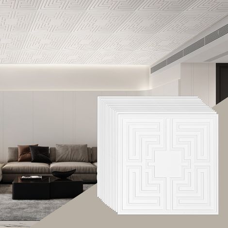 Dalles de Plafond PVC, Lot de 12, Tuiles de Plafond Plastique à Coller, 605x605 mm, Installation et Découpe Faciles, Revêtement de Plafond pour Décoration de Maison, Bureau, Motif Echo, Blanc (1/5)