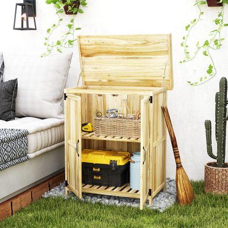 Gartenschrank, Werkzeugschrank für den Außenbereich, mit Arbeitsfläche, Holz und Edelstahl, Doppeltüren, Naturholz