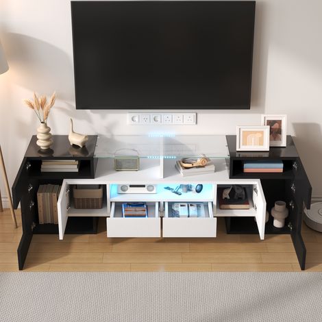 Meuble TV 145x30x51cm design moderne éclairage LED 4 portes et 2 tiroirs MDF blanc et noir (1/5)