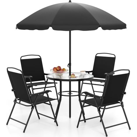 COSTWAY Set da Pranzo da Giardino a 6 Pezzi con Ombrellone, Tavolo e Sedie da Esterno con 4 Poltrone Pieghevoli e Tavolo Rotondo in Vetro Temperato per Giardino, Terrazza, Prato e Cortile (1/5)