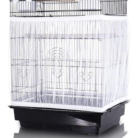 Housse de mangeoire pour cage à oiseaux de grande taille avec jupe en filet élastique, adaptée aux cages à perroquets, tissu léger et respirant, réutilisable, ajustable, légère, blanche (cage à oiseau (1/5)