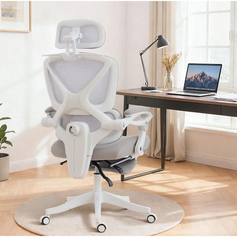MODFU – Sedia da ufficio ergonomica in plastica con poggiapiedi, schienale 135°, supporto lombare e portata 120 kg – Grigio chiaro (1/5)