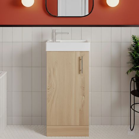 Nuie Vault Floor Standing 1-Door Vanity Unit with Basin 400mm Wide - Bleached Oak (1/5)