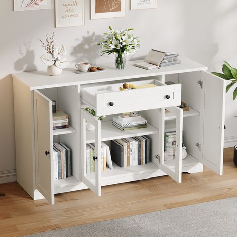 Buffet blanc moderne à 4 portes, dont 2 vitrées avec poignées rondes noires, 1 tiroir, meuble de rangement multifonctionnel, idéal pour le salon, la salle à manger ou l'entrée, blanc, 138 x 40 x 83 cm (1/5)