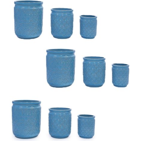 9er-Set teiliges Keramikpflanztopf-Set (Ø 38,1/30,5/22,9 cm), blau mit Geometrie-Mustern, ideal für Orchideen. Für Innen/Außen, Fensterbänke/Bücherregale, aus atmungsaktiver Tonware.