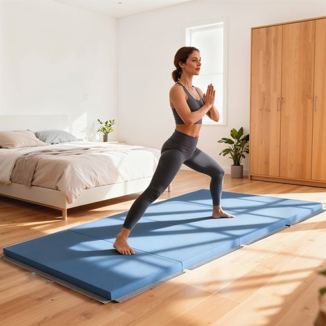 Tapis de gymnastique yoga pilates fitness pliable en 4 avec poignées revêtement synthétique 240 x 120 x 5 cm bleu clair (1/5)