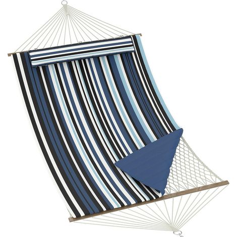 Hamac 2 Personnes avec Support Réglable en Acier - Toile Confortable Coton & Polyester - Rayé Bleu/Blanc - Charge Max 227 kg (1/5)