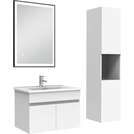 AICA Meuble simple vasque 60cm avec colonne et miroir lumineux 3 couleurs Blanc (1/5)