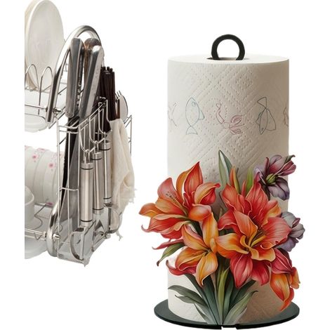 Porte-rouleau de papier essuie-tout décoratif , support rangement , organisateur à motif floral 2D , (1/5)
