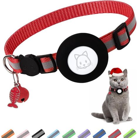 Collier réfléchissant pour chat en forme d'arête de poisson - Positionnement avec manchon en silicone Airtag（Rouge）