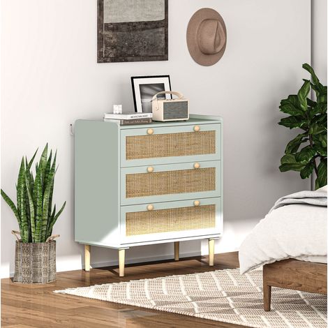 Cassettiera in fibra di legno blu chiaro con 3 cassetti, frontali effetto rattan, 80 x 40 x 87,5 cm (1/5)