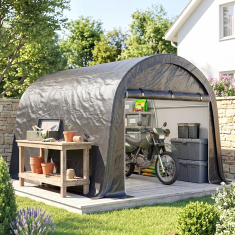 Tente de jardin pour motos, vélos et outils avec 2 entrées à zip, en acier et PE, 300x300x235 cm, gris (1/5)