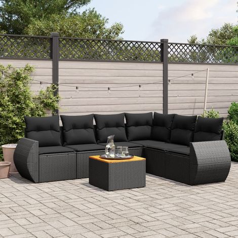 Vidaxl – Salon de jardin 7 pcs avec coussins – Résine tressée noire – Table en bois d'acacia – Conception modulaire et durable