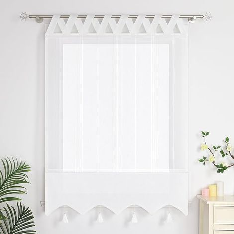 Romain à Passant en V Passe Tringle avec Frange à Pompon Transparent Rideau Voilage pour Fenêtre de Chambre Cuisine Salle de Bain Blanc LxH 100x140CM (1/4)