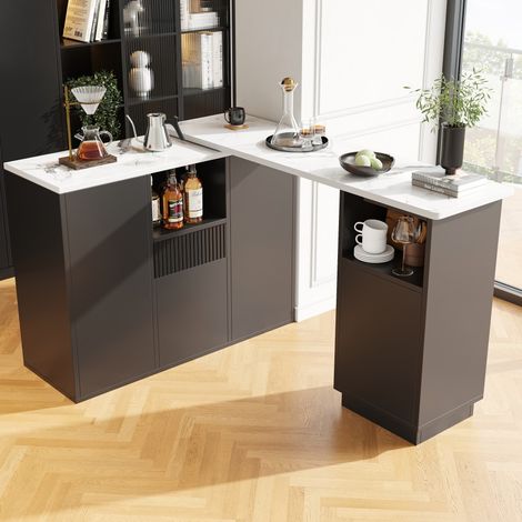 Table haute et bar pivotante-360°-Design moderne noir-Rangement ouvert-Plan marbre-Islet multifonction 140-210x30x100.9(cm) (1/5)
