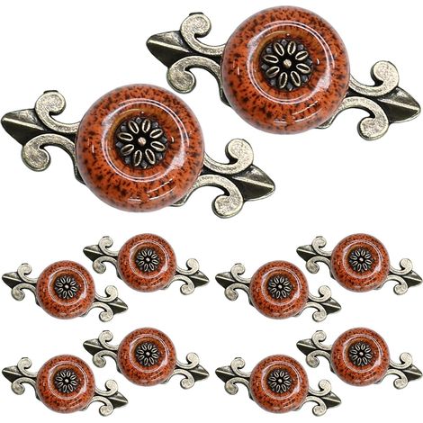 Set mit 10 orangefarbenen, gemusterten Keramikknöpfen — Vintage-Möbelknöpfe mit antikbronzenen Rosetten — Dekorative Griffe für Schrank- und Kommodenschubladen (1/5)