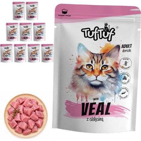Aliment humide pour chat TufTuf, sachet de veau, 10 sachets de 300 g, viande en conserve (1/2)