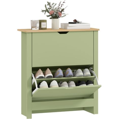 Meuble à chaussures 12 paires, armoire à chaussures étroite avec 2 tiroirs rabattables et étagères réglables, vert (1/5)