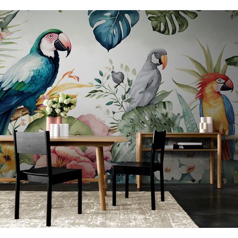 Papier peint tropical perroquets et feuillage exotique 1 - 150 x 250 cm (1/2)