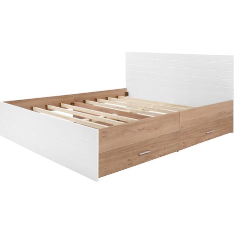 Cama doble 140x200 cm con 2 cajones, estructura con somier de láminas, blanca y roble claro (1/5)