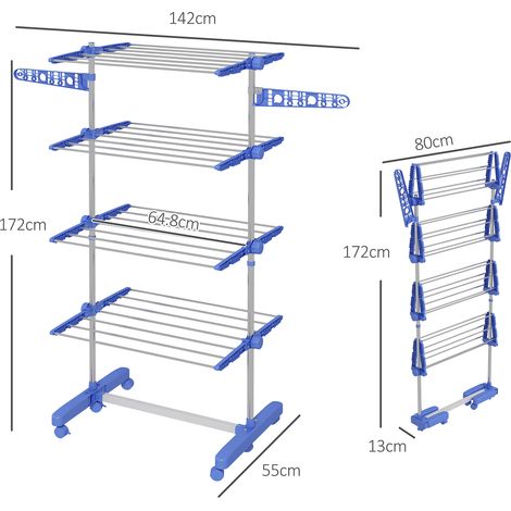 Séchoir à vêtements mobile sur roues, support rotatif à deux étages avec bras rabattables, modèle en métal bleu pour séchage compact et gain de place (1/5)