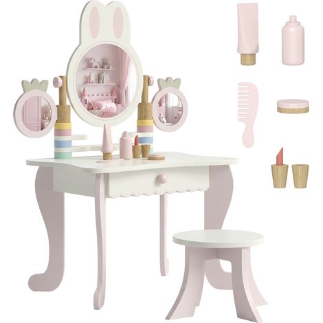 AIYAPLAY tocador para niñas, tocador de maquillaje niñas con taburete, espejos giratorios, cajón, 6 accesorios, bandejas laterales, para +3 años, rosa (1/5)