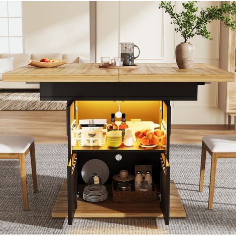 Tavolo da pranzo allungabile 110-140x80 cm con vano portaoggetti a LED, ripiano regolabile, in MDF effetto legno nero e metallo. (1/5)