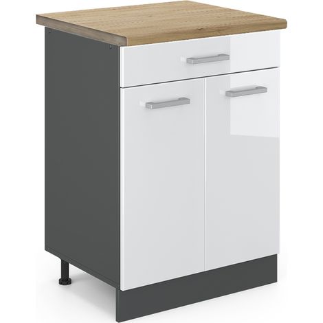 Küchenunterschrank R-Line, Weiß Hochglanz, 80 cm , AP Eiche, Vicco