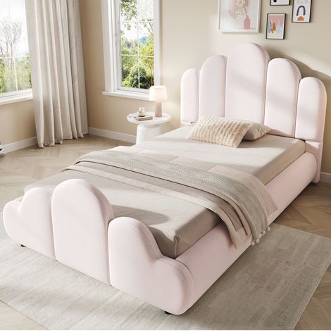 Cama infantil tapizada 90x200 cm con somier, cabecero acolchado y terciopelo rosa OKWISH (1/5)