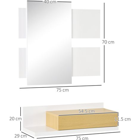 Ensemble de meubles d'entrée avec miroir et tiroirs, meubles modernes en bois avec miroir de 40x70cm, fixation murale. (1/5)