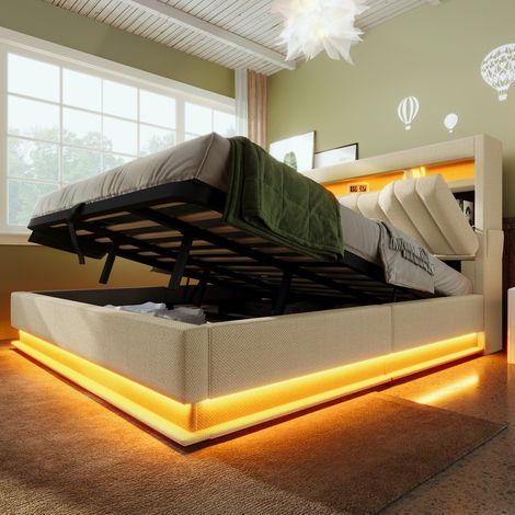 Lit coffre capitonné 140x200cm - avec LED - avec ports USB et Type-C - tissu en Lin - tête de lit avec espace de rangement - Beige