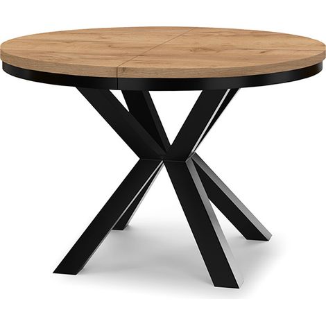 Table à manger ronde extensible RAL avec cerclage métallique, style loft, industriel, diamètre : 90 / 190 cm, couleur :craft or / noir