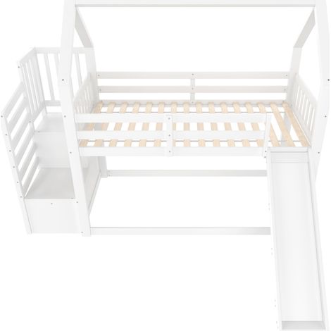 Cama litera infantil 90 x 200 cm con tobogán y escalera, casa, blanco, HOMVRA (1/5)
