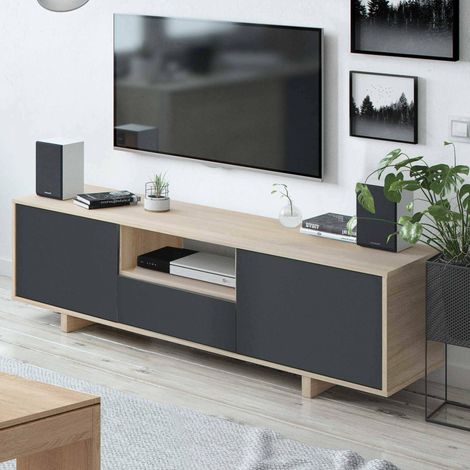 Dmora - Meuble TV Dnard, Buffet TV salon, meuble télé 3 portes, Buffet bas pour salon, 150x41h46 cm, Chêne (1/5)