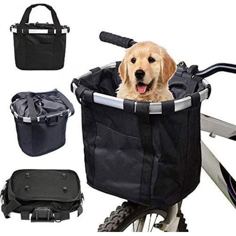 Cestino per cani da bicicletta, da fissare sulla parte anteriore della bicicletta, borsa per cani da bicicletta removibile, portata massima 5 kg, colore nero. (1/5)