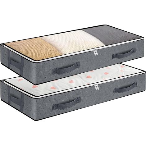 Sac de Rangement sous Lit Lot de 2 – Closet Organizer Grande Capacité avec Fenêtre Transparente, 4 Poignées Renforcées – Souple, Pliable pour Vêtements, Couettes, Draps – 100x50x15 cm Gris (1/5)