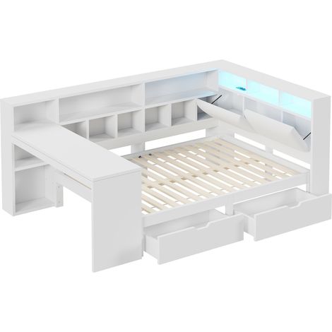 Cama plataforma en esquina en L 140x200 con escritorio, estante, cajones y LED, blanca (1/5)