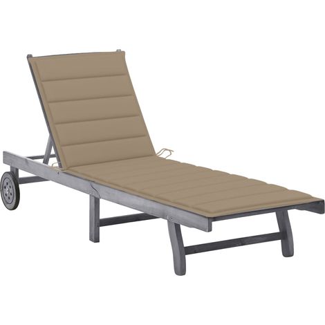 Transat chaise longue bain de soleil lit de jardin terrasse meuble d'extérieur 200 cm avec coussin gris bois d'acacia solide (1/5)