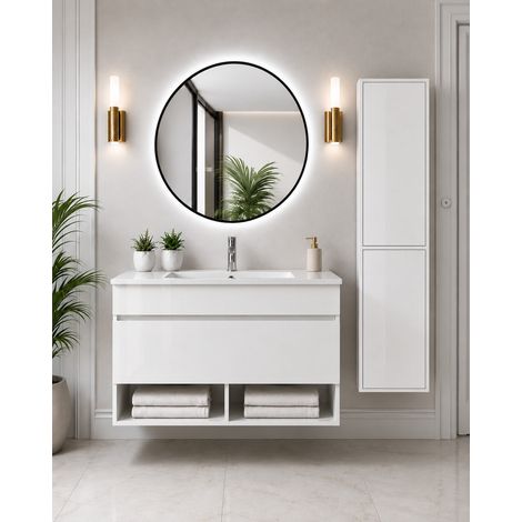 Meuble de salle de bain suspendu avec vasque extra-plat ORIGENBATH NEBARI avec tiroir sans miroir 50x40 cm blanc avec colonne (1/5)
