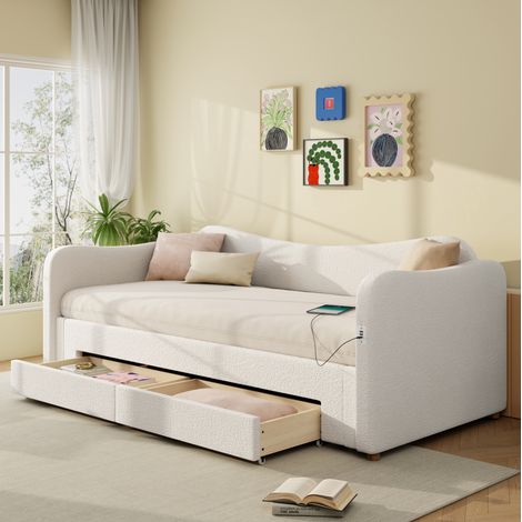 Cama tapizada extensible 216x99x80 cm, con cajones de almacenaje, puertos USB y Tipo C, bouclé beige (1/5)